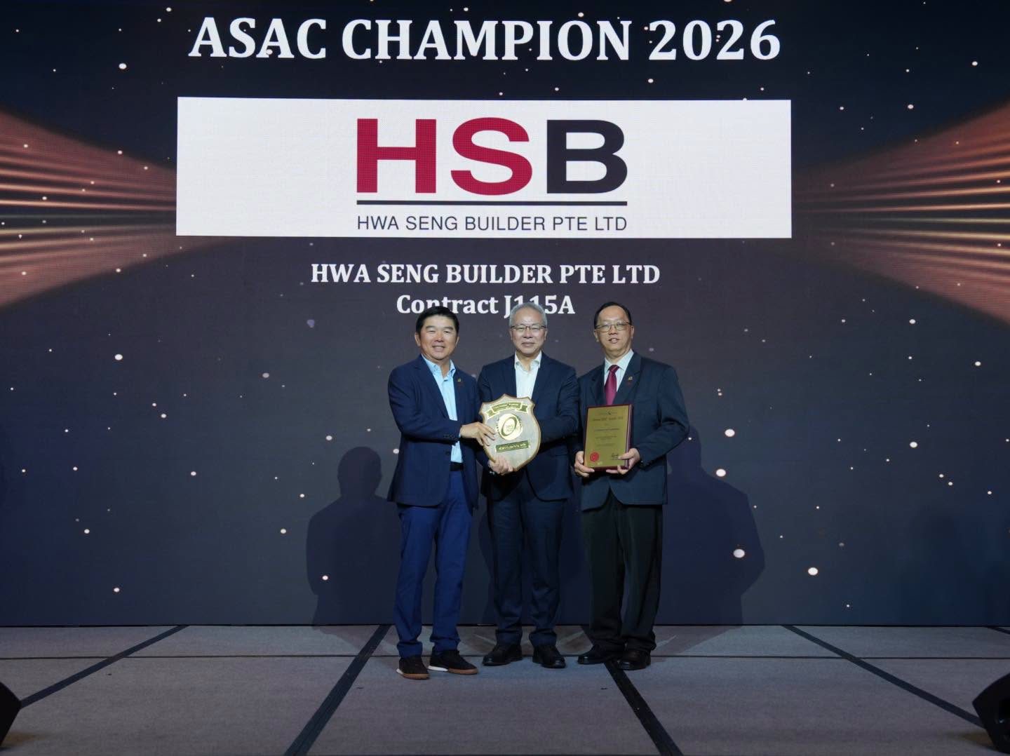 Hwa Seng Builder Pte Ltd receiving the ASAC Champion 2026 shield for Contract J115A
